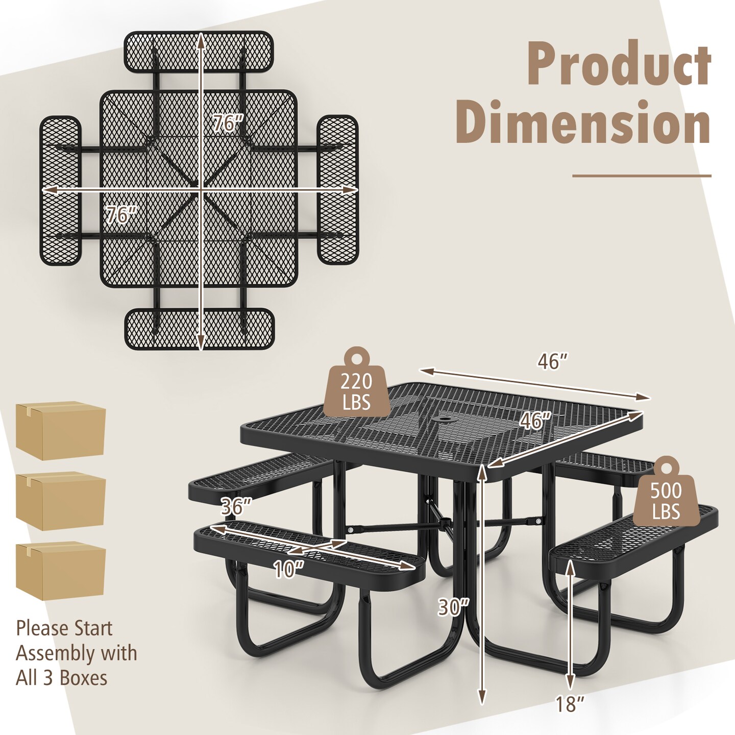 Square Picnic Table and Bench for 8 Person with Seats and Umbrella Hole - 76&#x22; x 76&#x22; x 30&#x22; (L x W x H)