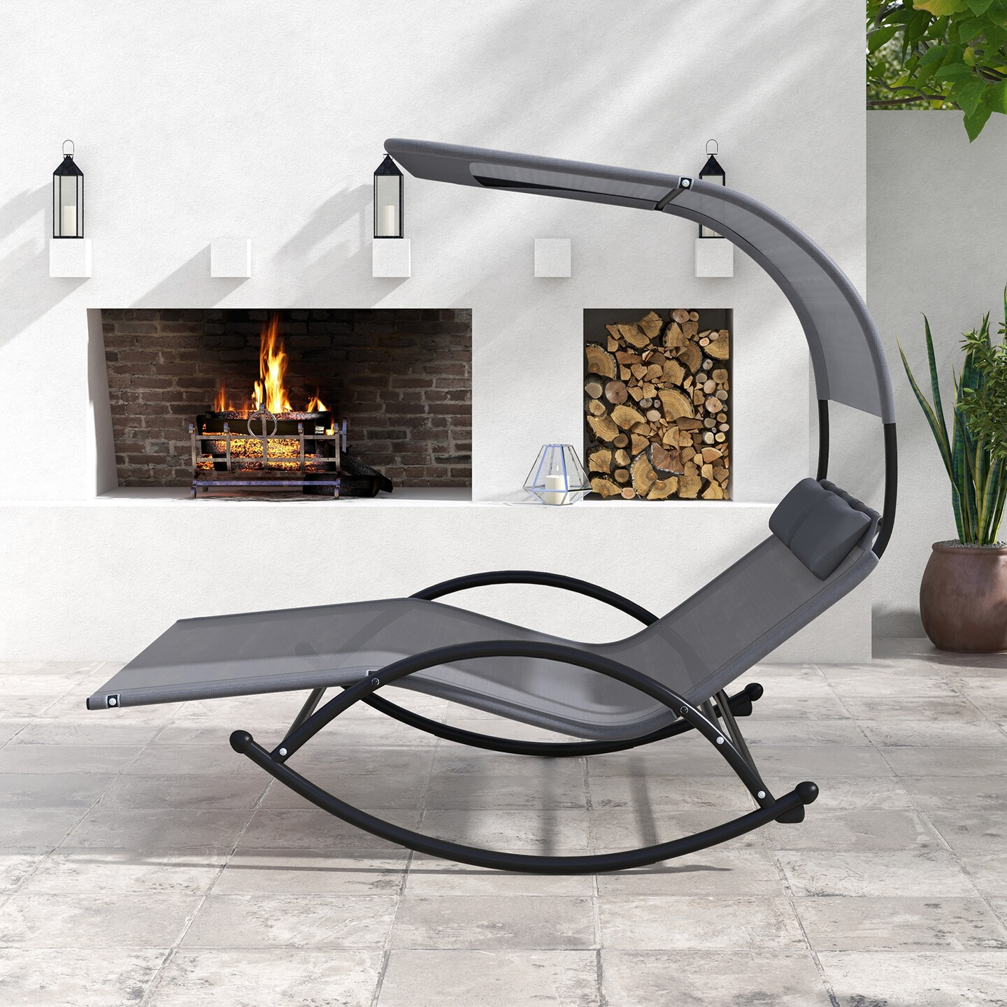 Outdoor Dual Rocker Sunbed 2-Person Canopied Patio Lounger with Detachable Headrests-Grey