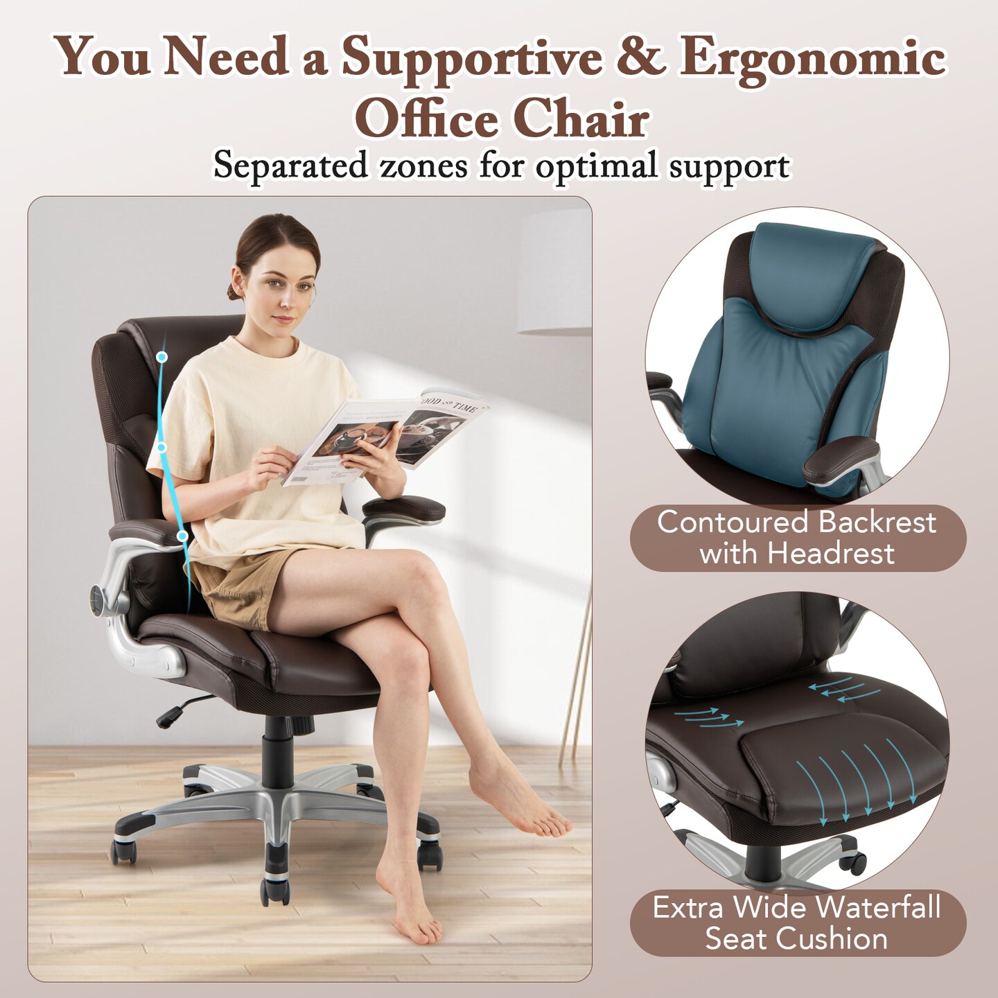 Ergonomic Office PU Leather Executive Chair with Flip-up Armrests and Rocking Function