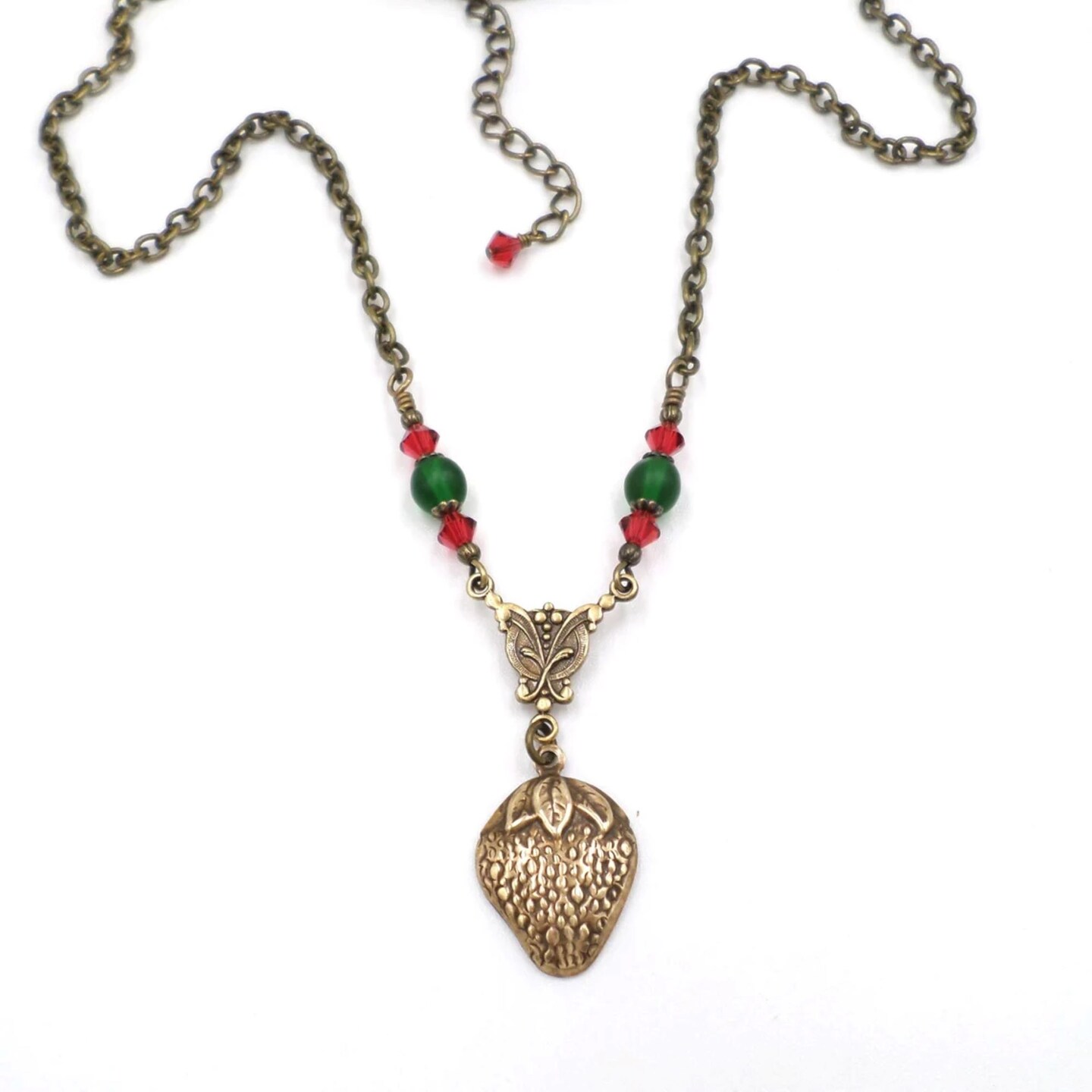 Brass Strawberry Necklace, Cottagecore Necklace, Small Petite Handmade Beaded Jewelry, Nature Lover Gift, Goblincore Aesthetic, Green Red product 5