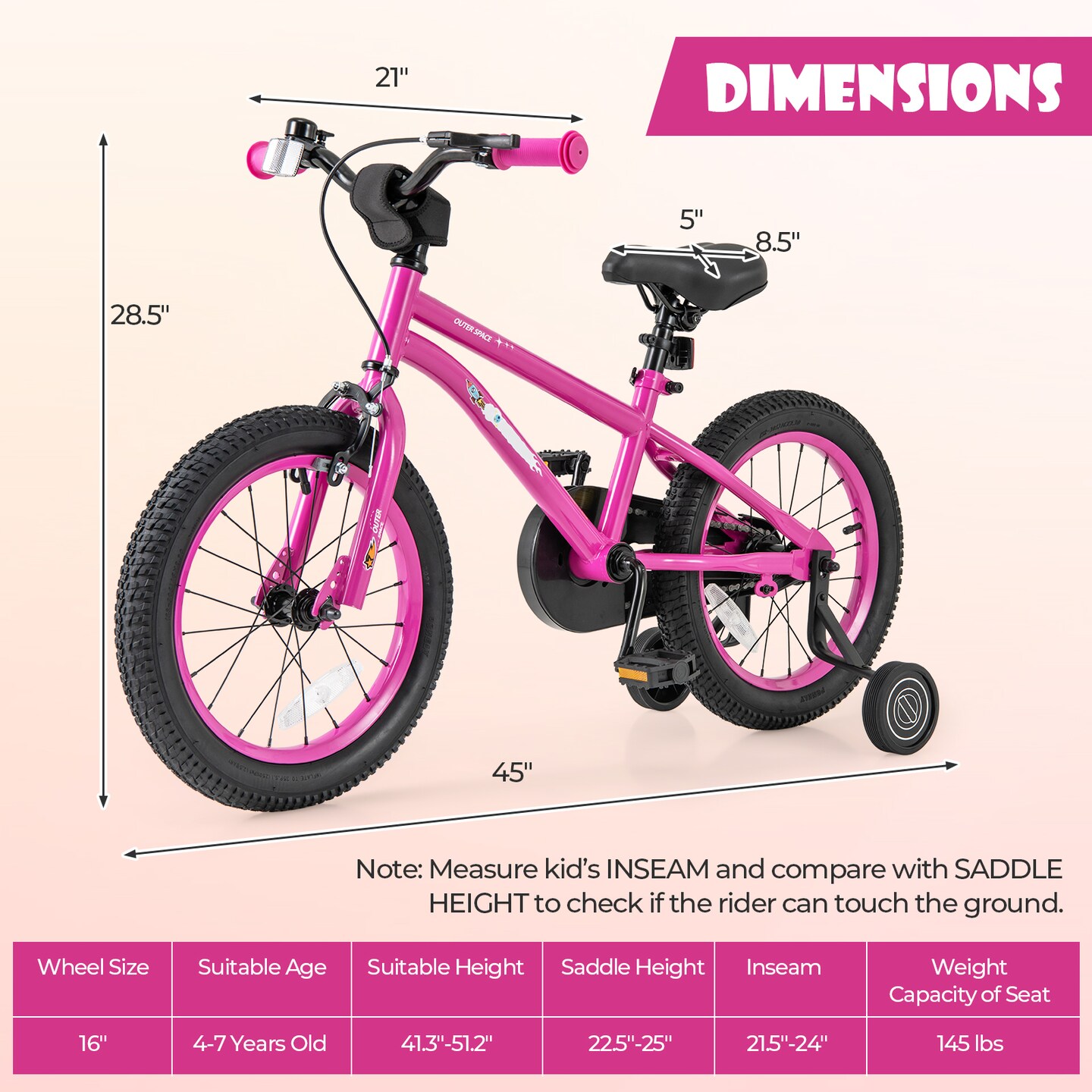 16-Inch Kids Bike Bicycle for Boys Girls 4-7 Adjustable with High Carbon Steel Frame - 45&#x22; x 21&#x22;x 28.5&#x22; (L x W x H)