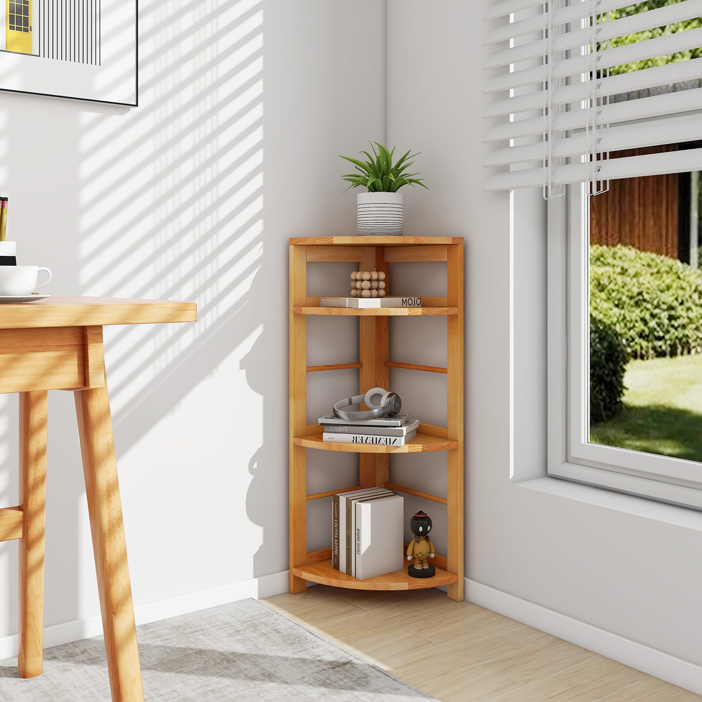 4-Tier Corner Shelf with Rubber Wood Frame and Anti-Toppling Kit - 12&#x22; x 12&#x22; x 34&#x22; (L x W x H)