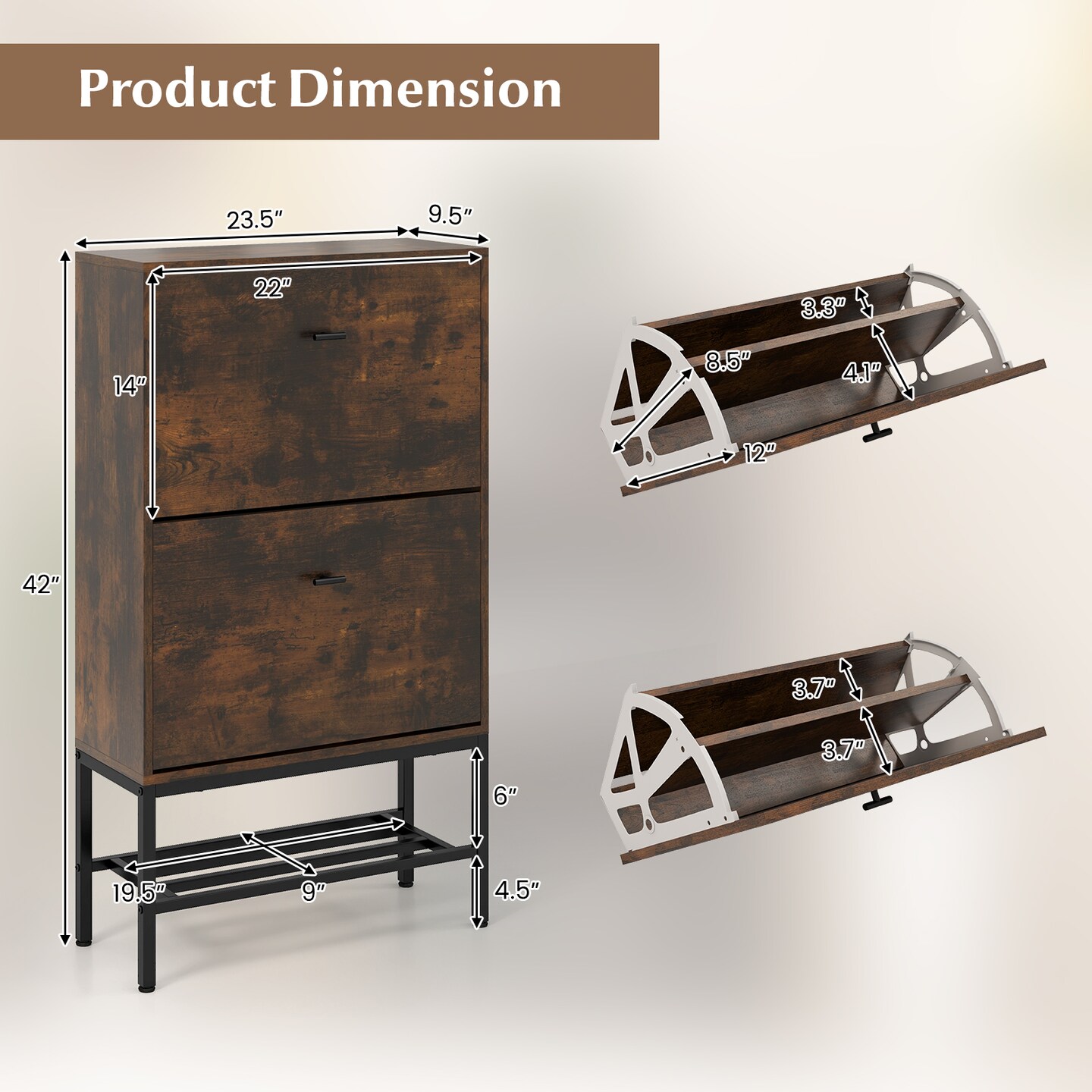 Industrial Shoe Storage Cabinet with 2 Flip Drawers and 1 Bottom Metal Shelf - 23.5 x 9.5 x 42 inch (L x W x H)