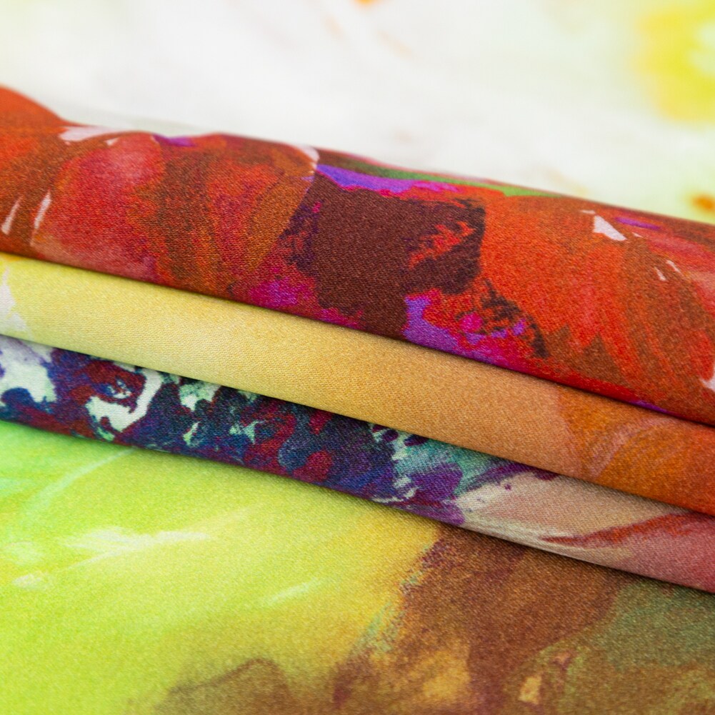 1 Yard Italian Green and Orange Painterly Floral Digitally Printed Silk Charmeuse Fabric 55 inch Width