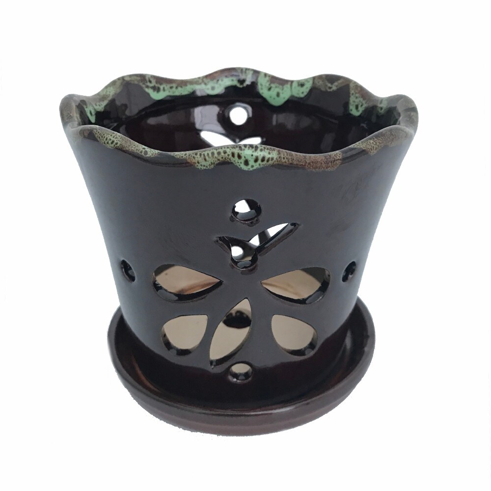 Butterfly Ceramic Orchid Pot/Saucer 5" x 5" - Dark Brown Moss - #50248