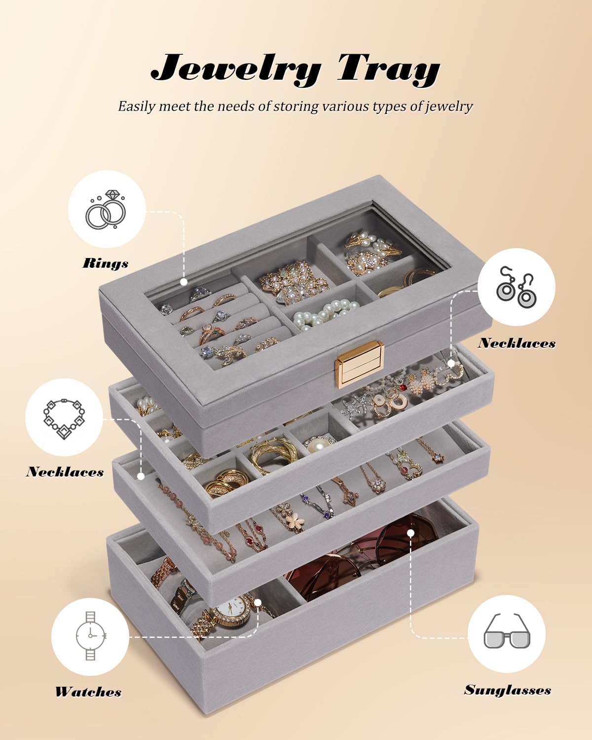 Jewelry Tray Stackable Jewelry Box Drawer Organizer with Glass Lid, Removable Dividers for Vanity Table Gift Idea for Girls and Women (Gray)