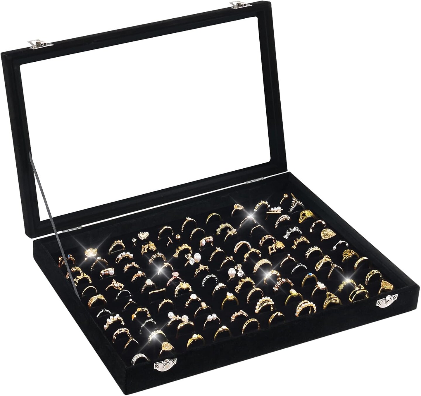 Ring Organizer for Jewelry, Ring Holder Box with Clear Lid, Dustproof Velvet Rings Display Tray Storage Case