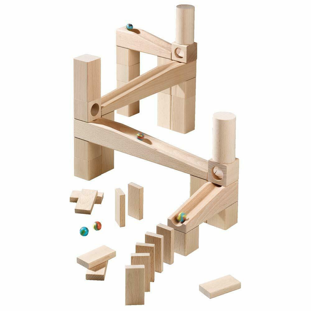 HABA Wooden Marble Run Ball Track Building Set for 3-10 Year Olds, STEM Toy with 44-Piece Wooden Track and Marbles, Montessori Toys for 3-5 Year Olds