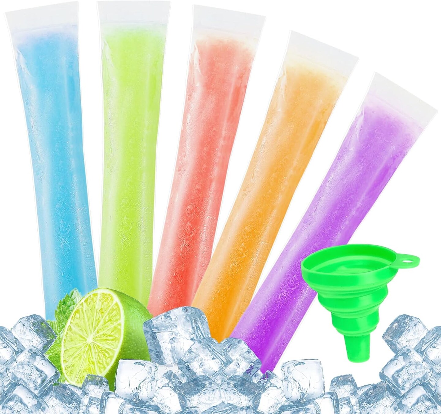 100Pcs Ice Popsicle Mold Bags,Disposable Ice Pop Bags with 1Pc Silicone Funnel,11x2" Popsicle Molds Sealable for DIY Ice Pops,Juice Alcohol Liquor,Fruit Smoothies,Yogurt