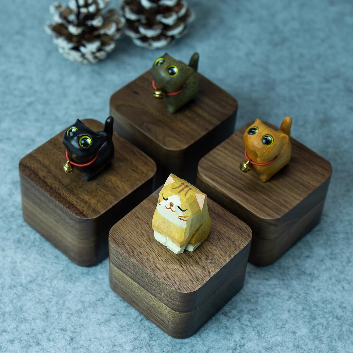 Hand-Carved Cat Wooden Ring Box - Magnetic Closure &#x26; Shockproof Sponge Vintage Jewelry Ring Holder Box, Personalized Square Wedding Ring Box
