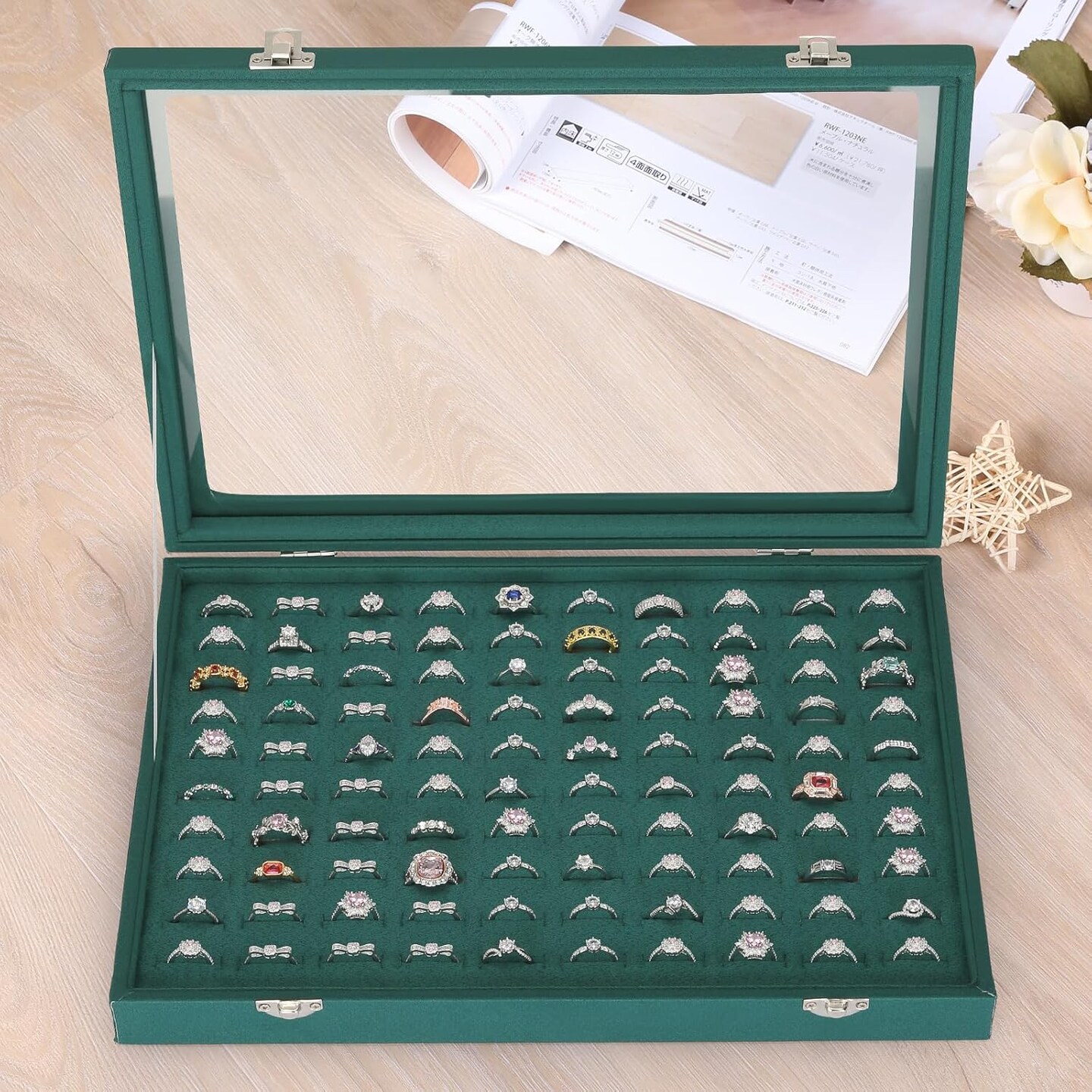 100 Slots Ring Organizer Display Tray, Velet Jewelry Ring Stud Earring Holder Storage Box with Transparent Lid