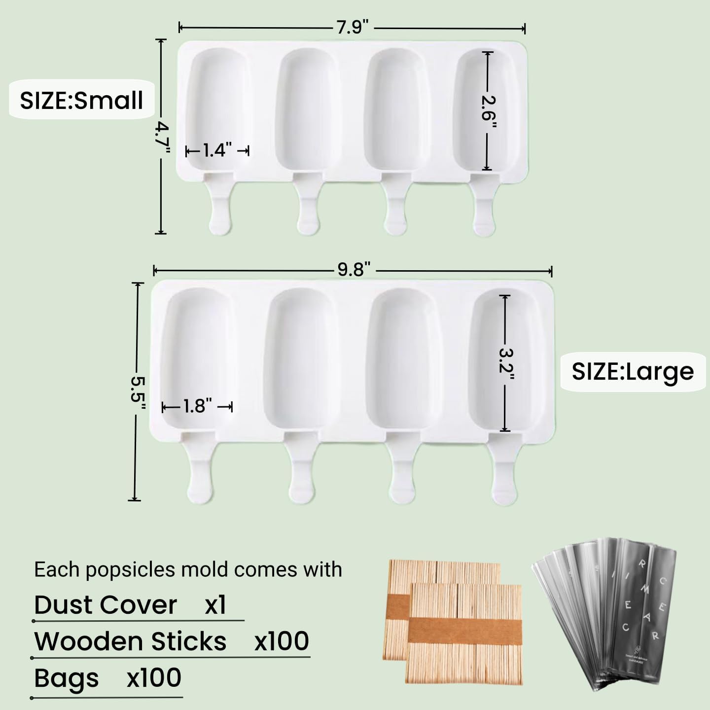 Silicone Popsicle Molds Set, Cakesicle Molds Silicone, Cake Pop Molds, Ice Cream Molds with 100 Wooden Sticks and 100 Bags, BPA Free (Large Size)