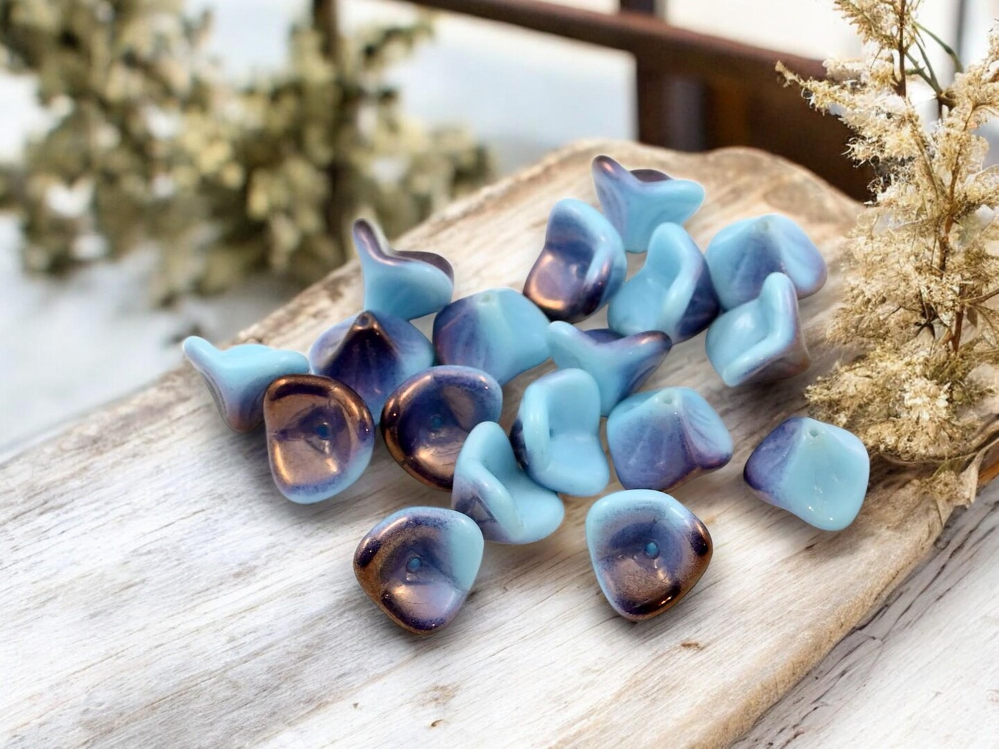 *15* 8x12mm Purple Bronze Washed Opaque Sky Blue 3 Petal Bell Flower Beads