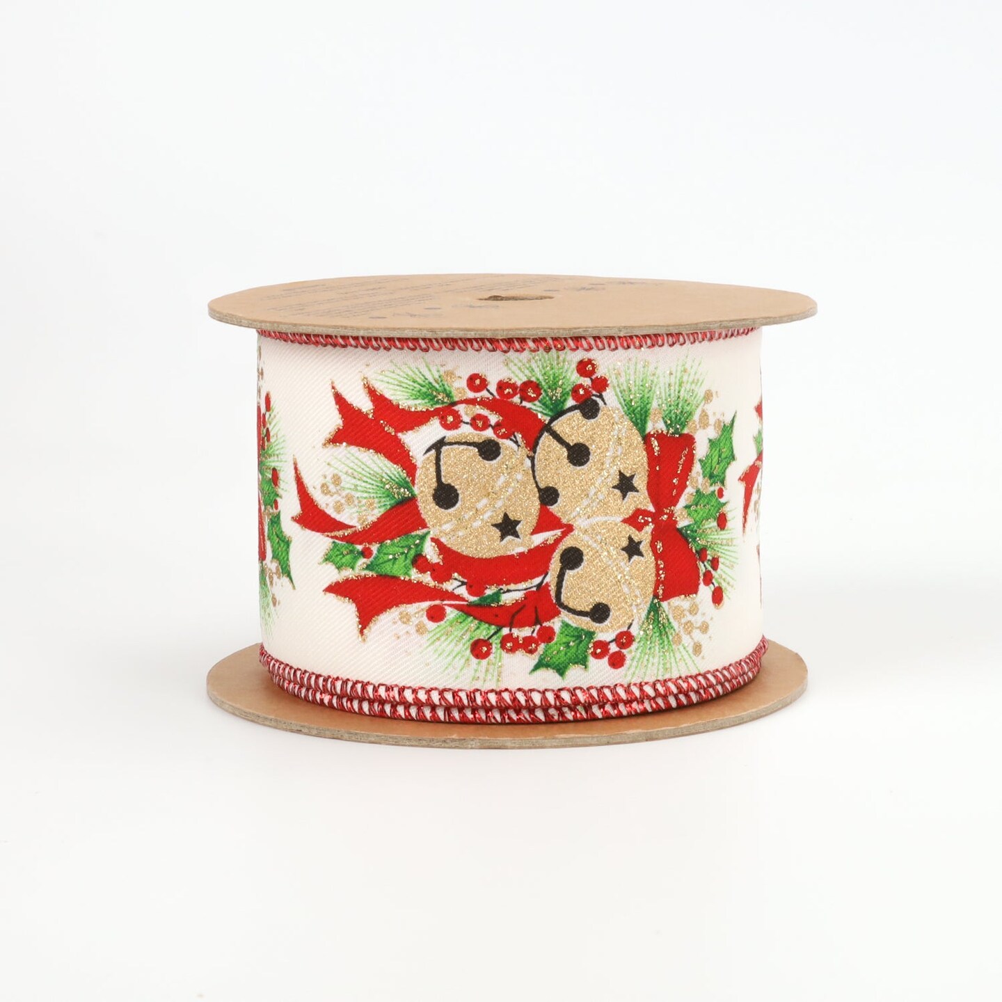 LaRibbons 2 1/2" Holiday Wired Ribbon | White Bells w/ Holly | 10 Yard Roll