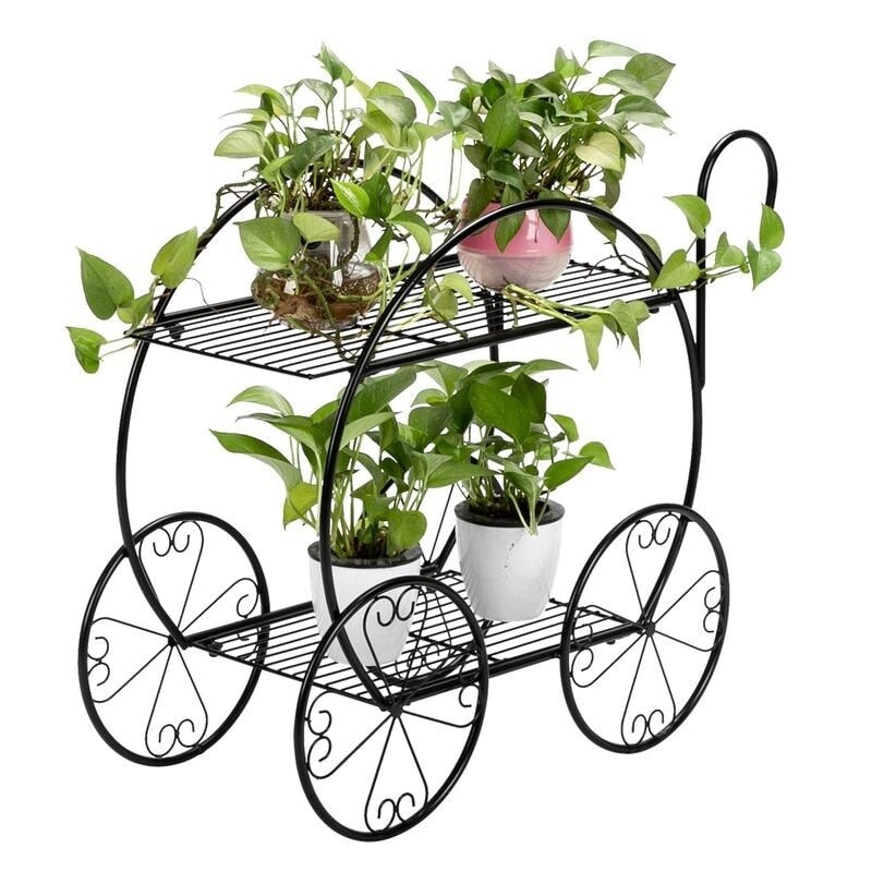 2-Tier Metal Garden Cart Plant Stand with Handle