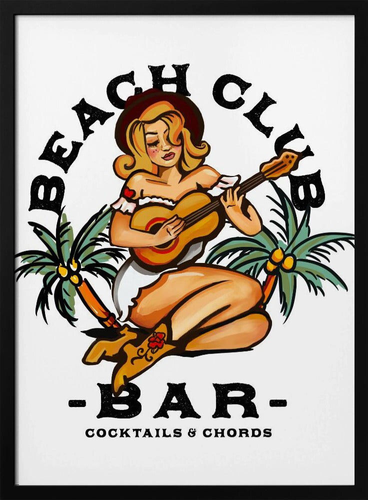 Beach Club Bar. Sailor Jerry Style Pin-up Girl Playing Guitar - The Whiskey Ginger 24x36 Black Framed Art | Home or Office Art