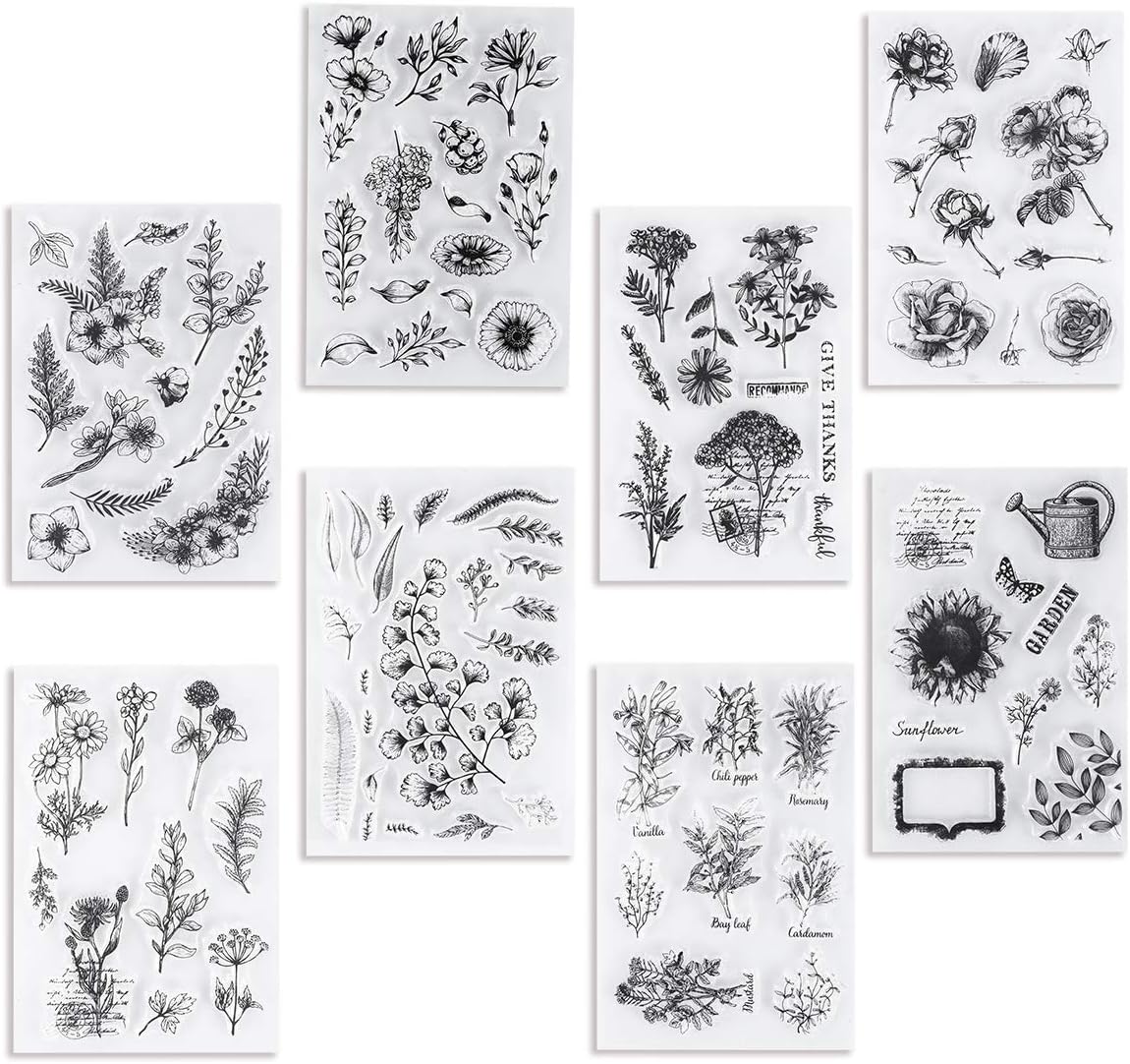 8 Sheets Clear Stamps for Card Making, Silicone Stamps for Crafting, Clear Rubber Flowers Vintage Plants and Decoration and DIY Scrapbooking