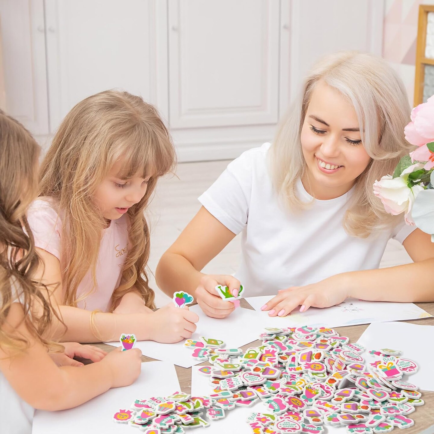 Mother’s Day Cartoon Foam Sticker - Haooryx 300pcs Happy Mother’s Day Foam Stickers Flower Pink Heart-Shape Self Adhesive EVA Stickers I Love Mom 3D Puffy Sticker for Giftwrap Card Envelope Decor