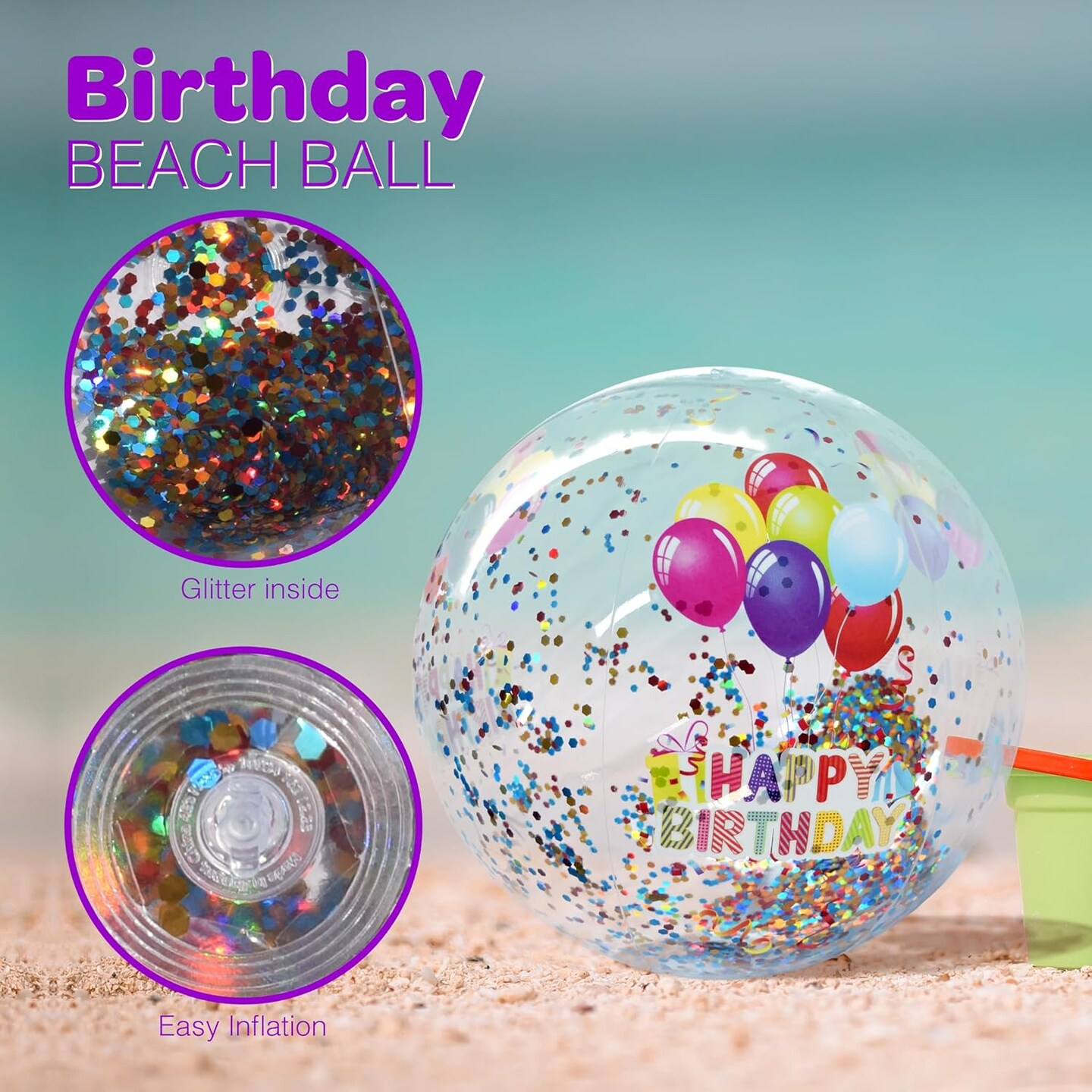4E's Novelty 22"" Beach Ball with Glitter – Fun Pool Party Birthday Decorations & Floating Pool Decorations