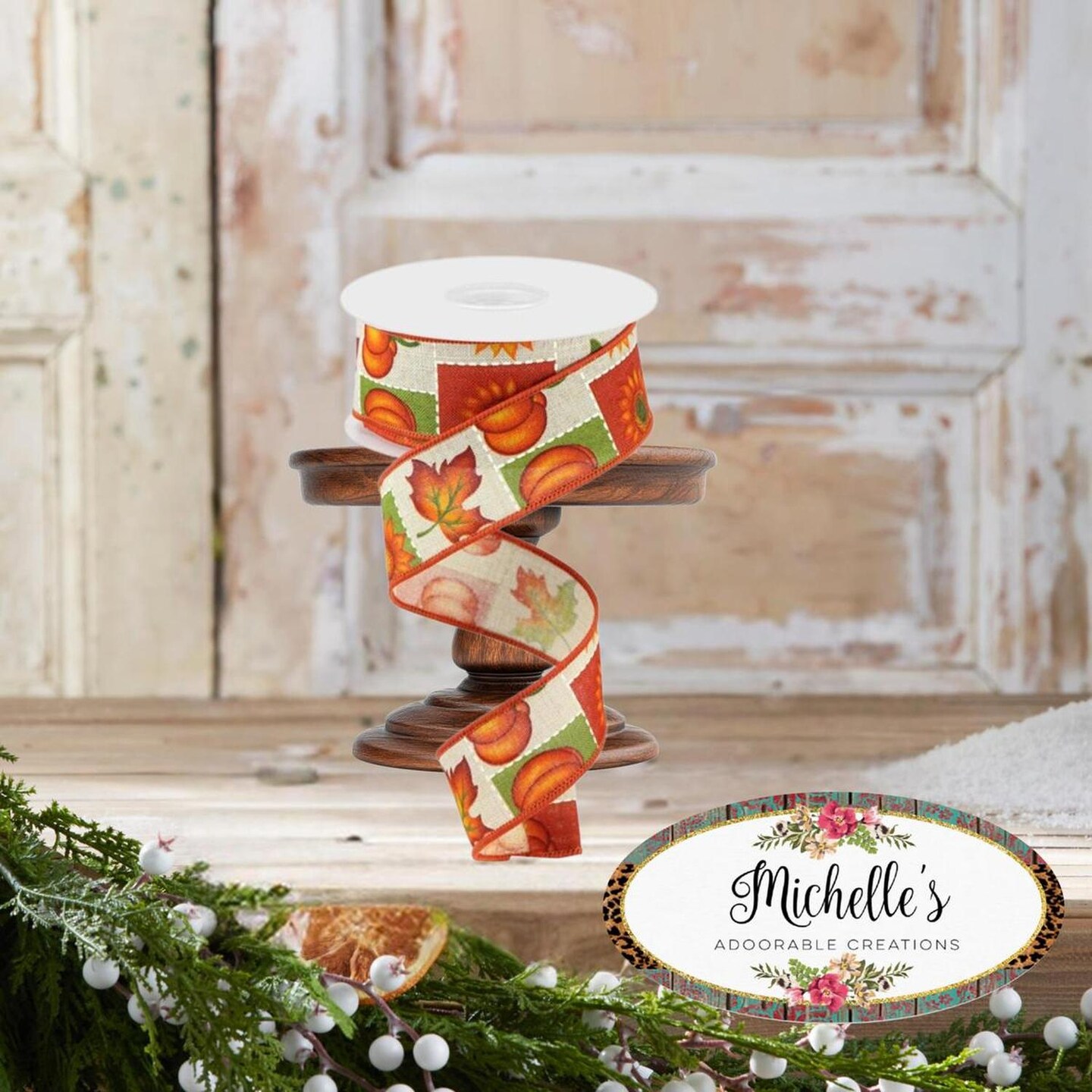 1.5" Pumpkin Sunflower and Maple Leaf Ribbon: Lt Natural (10 Yards)