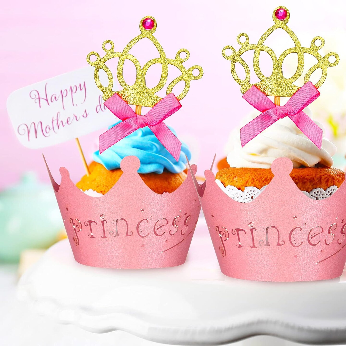 72 Pieces Glittery Princess Cupcake Toppers Crown Wrapper Holder Pink Gold Crown Tiara Pick Glitter Heart Cupcake Topper Baby Shower Decoration for Birthday Wedding Party Decor