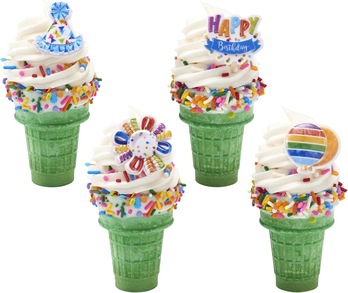 24PCS Happy Birthday Cupcake Toppers – Multi-Colored Balloons, Party Hats & Streamers