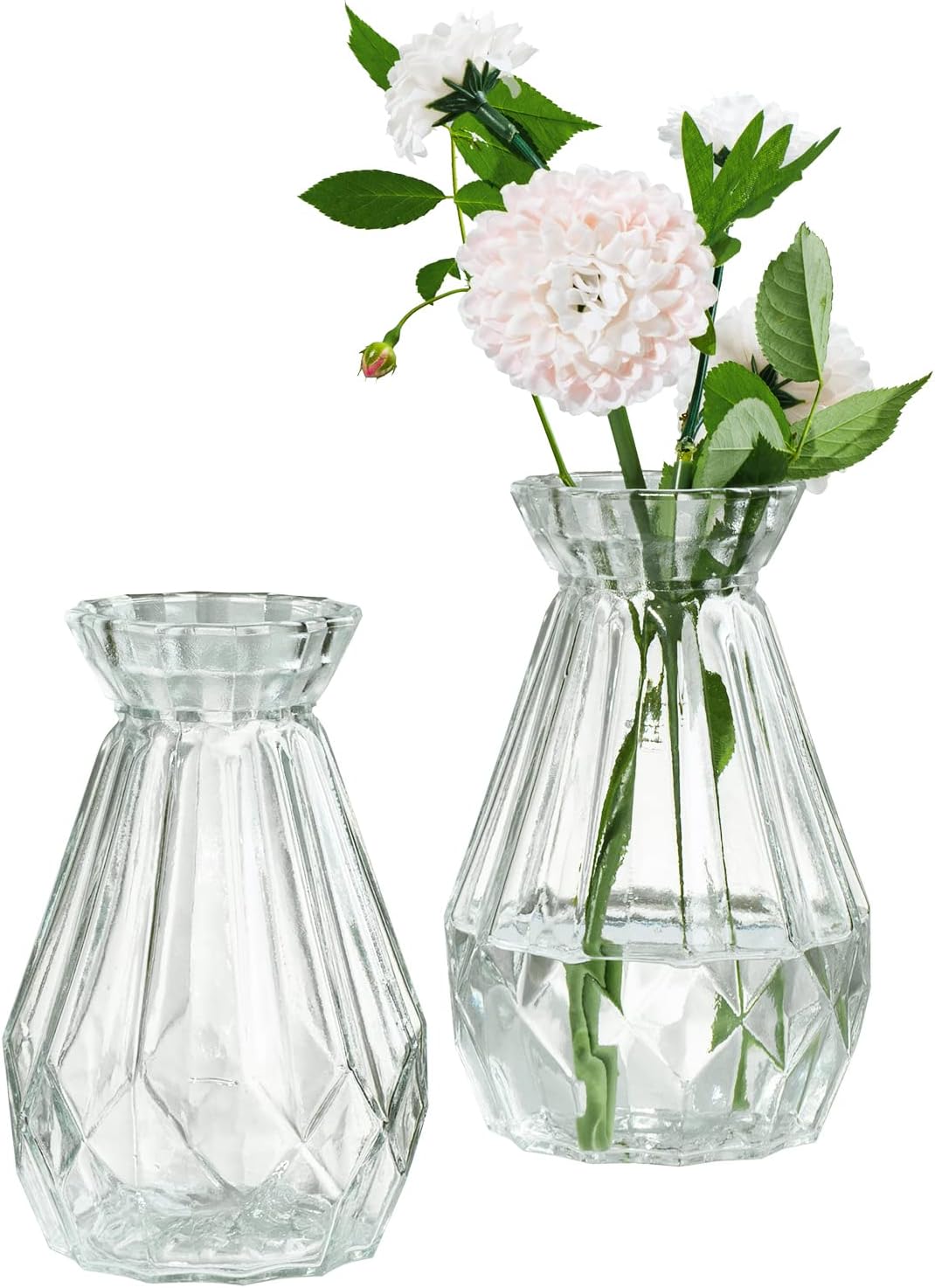 Small Glass Bud Vase, 5 Inch Decorative Flower Vases, Mini Vintage Style Centerpiece Vases with Diamond Faceted Design, Set of 2 3"L x 5.7"W x 3.8"H