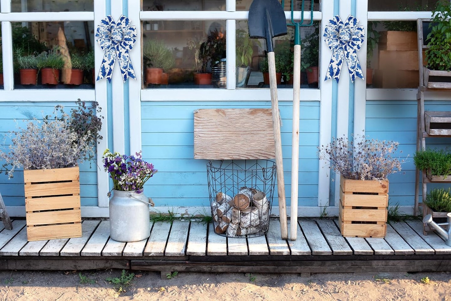 2 Pcs Spring Bow for Wreath, Spring Wreath Bows for Front Door Spring Flowers Bows Blue White Burlap Tree Topper Bows for Spring Indoor Outdoor Birthday Party Home Decoration