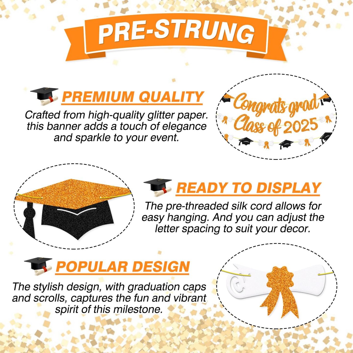 Congrats Grad Class of 2025 Banner Graduation Cap Diploma Theme Party Decoration for for High School College University Senior 2025 Celebrate Party Supplies (Orange)