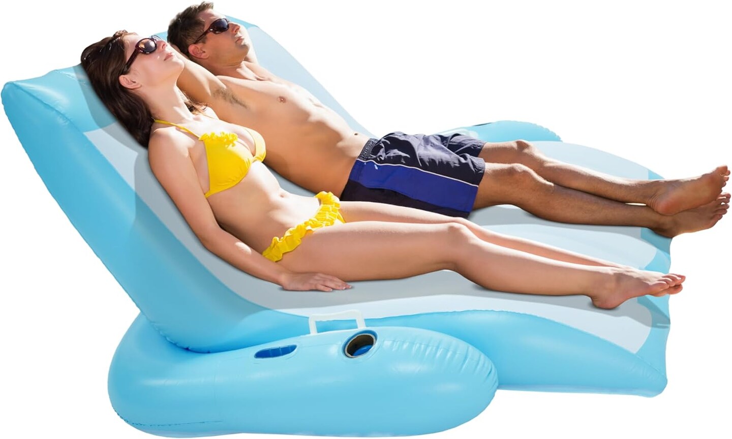 4E&#x27;s Novelty 2 Person Inflatable Pool Recliner with Cup Holders &#x2013; Reclining Pool Lounge Chair for Pool &#x26; Lake Relaxation