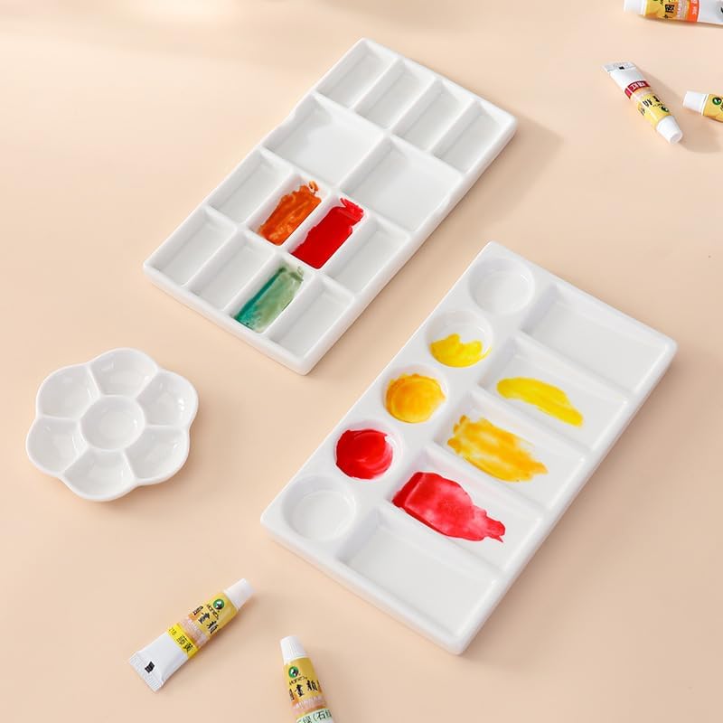 Ceramic Paint Palette - 14 Wells Artist Paint Tray - 8 Inch Porcelain Mixing Palette for Watercolors and Acrylics