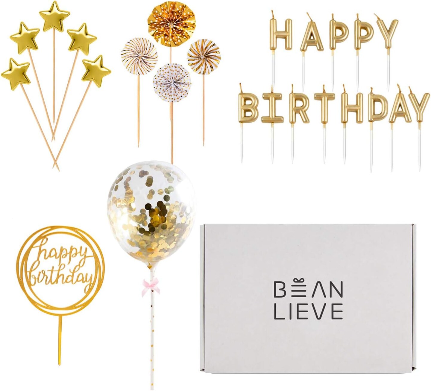 Birthday Candles Set - Cake Topper Decoration with Cake Candles Confetti Balloon Stars and Fan Cupcake Toppers 12 Pieces Birthday Cake Decor for Birthday Party Celebration (Gold)