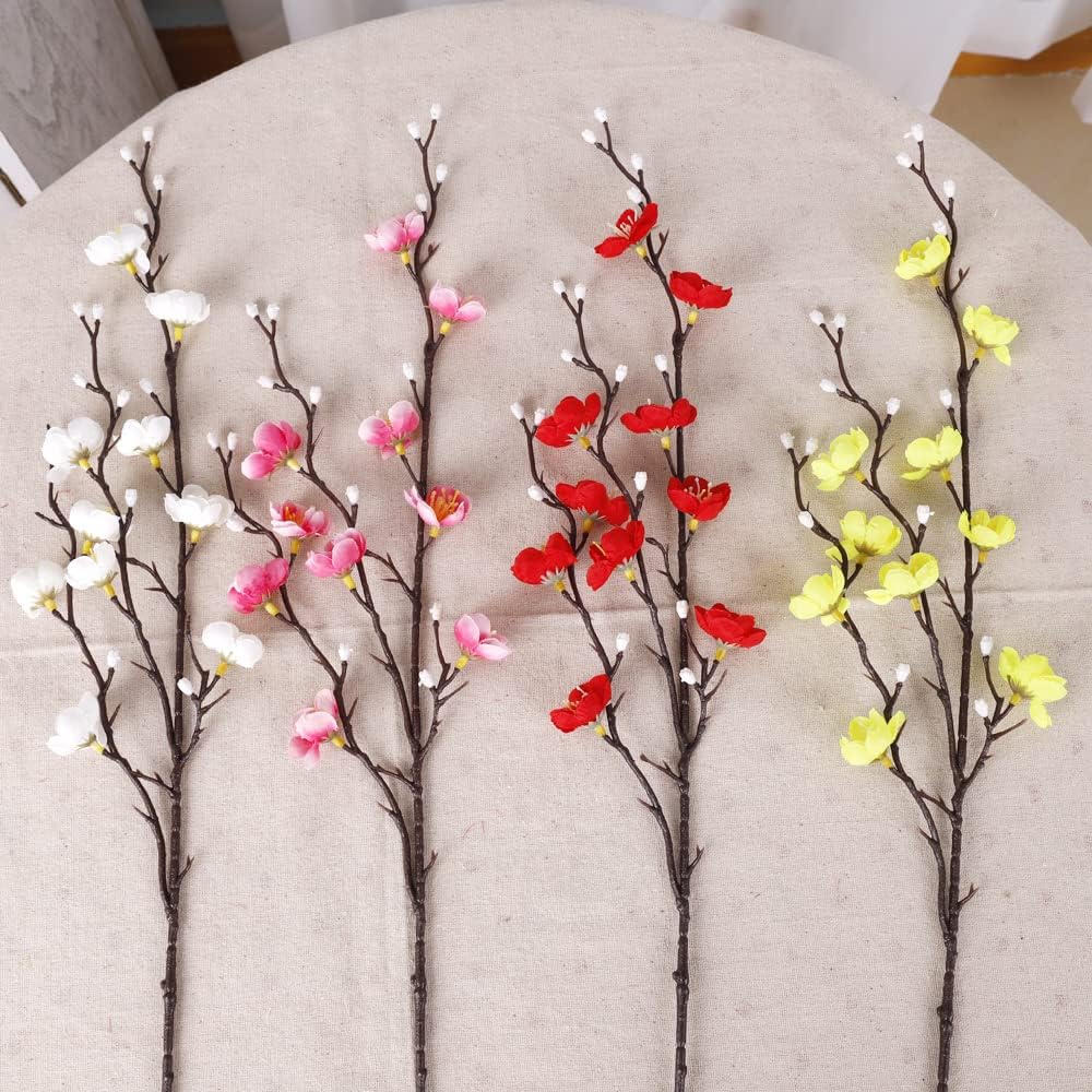 6 Pcs Artificial Plum Blossom Fake Wintersweet Long Stem Plastic Flowers Home Hotel Office Wedding Party Garden Decor 21.5&#x27;&#x27; High White
