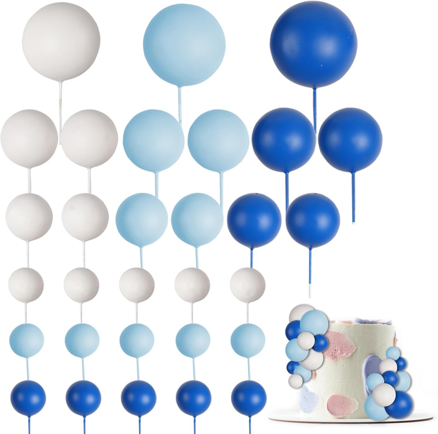 30 PCS Balls Cake Topper DIY Cake Insert Toppers Ball Cake Picks Cupcake Topper for Birthday Party Baby Shower Wedding Cake Decoration(Blue White Dark Blue)