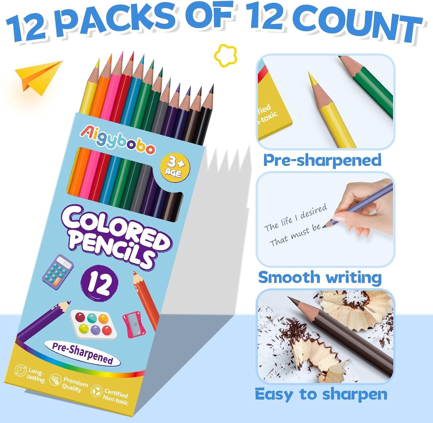 144 Count Colored Pencils for Kids, 12 Pack Colored Pencils Bulk in 12 Vibrant Colors, Pre-sharpened Color Pencil, Bulk School Supplies for Teachers, Classroom Prizes, Art Supplies for Adults