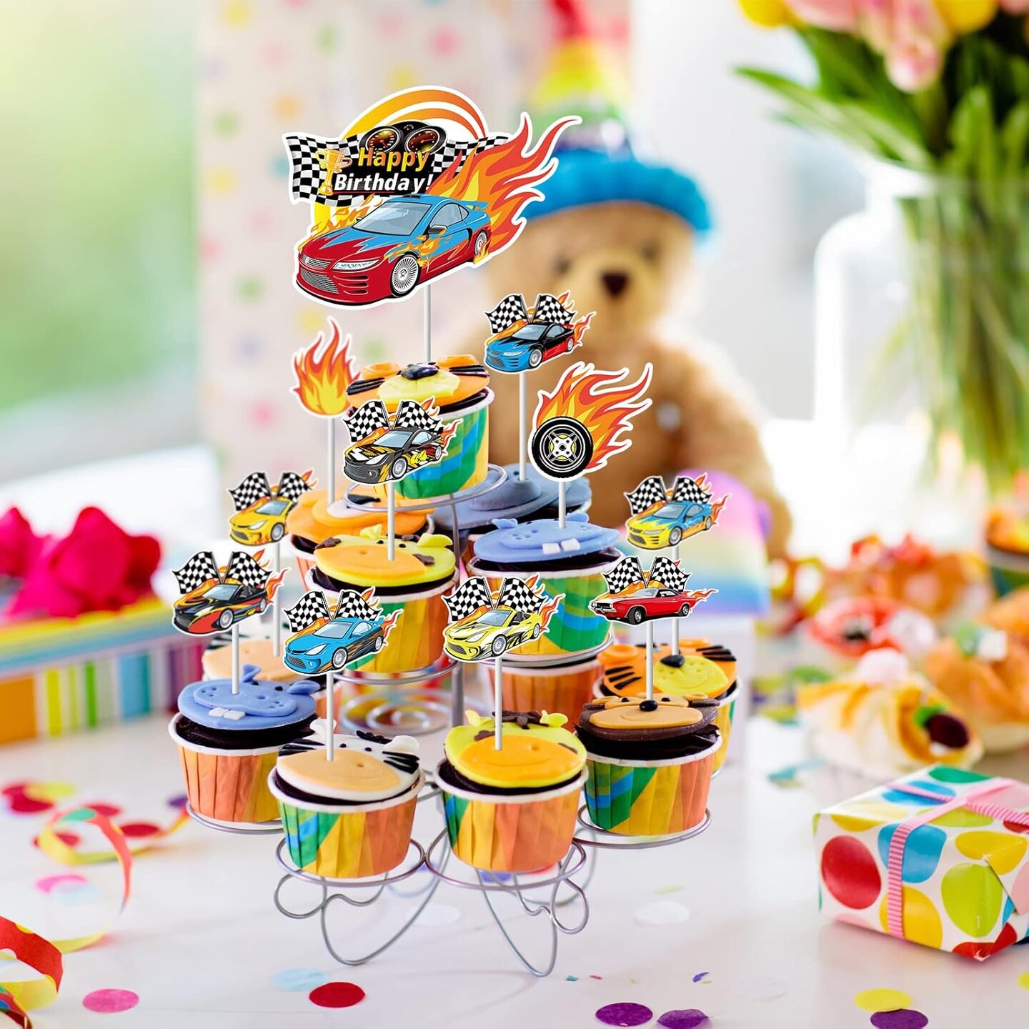 55PCS Race Car Cupcake Toppers – Wheels & Checkered Flag for Birthday Party Decorations