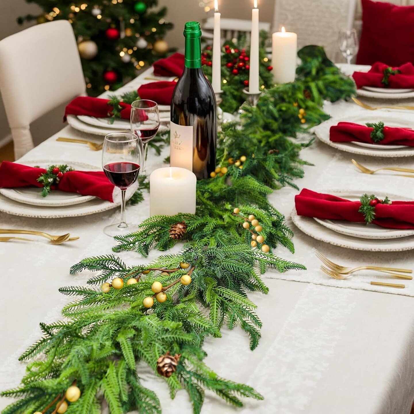 6 FT Norfolk Pine Garland, Christmas Green Artificial Real Touch Cedar Garland, Faux Cedar with Lights, for Table, Wall, Fireplace Indoor Outdoor Decor