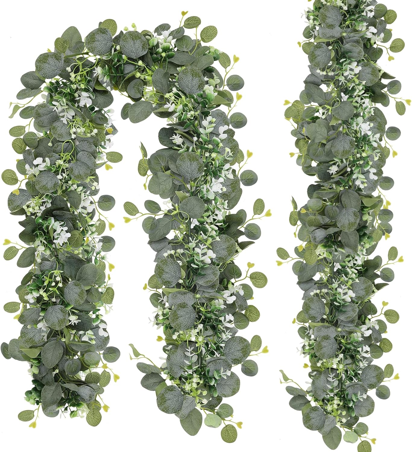 2 Pack Artificial Eucalyptus Garland with Flowers, Faux Greenery Garland Decor 6FT Eucalyptus Vines, Fake Hanging Vines Summer Garland for Mantle Wedding Backdrop Decorations