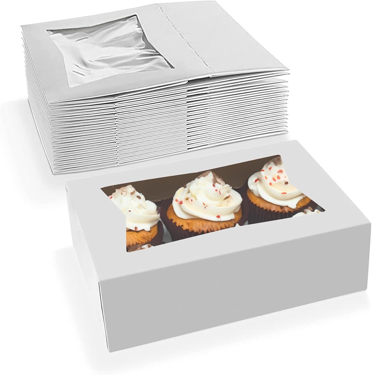 Cupcake Boxes 8&#x22; x 5.75&#x22; x 2.5&#x22; - Auto Pop-Up Bakery Boxes with Window (Pack of 25) - Made in the USA