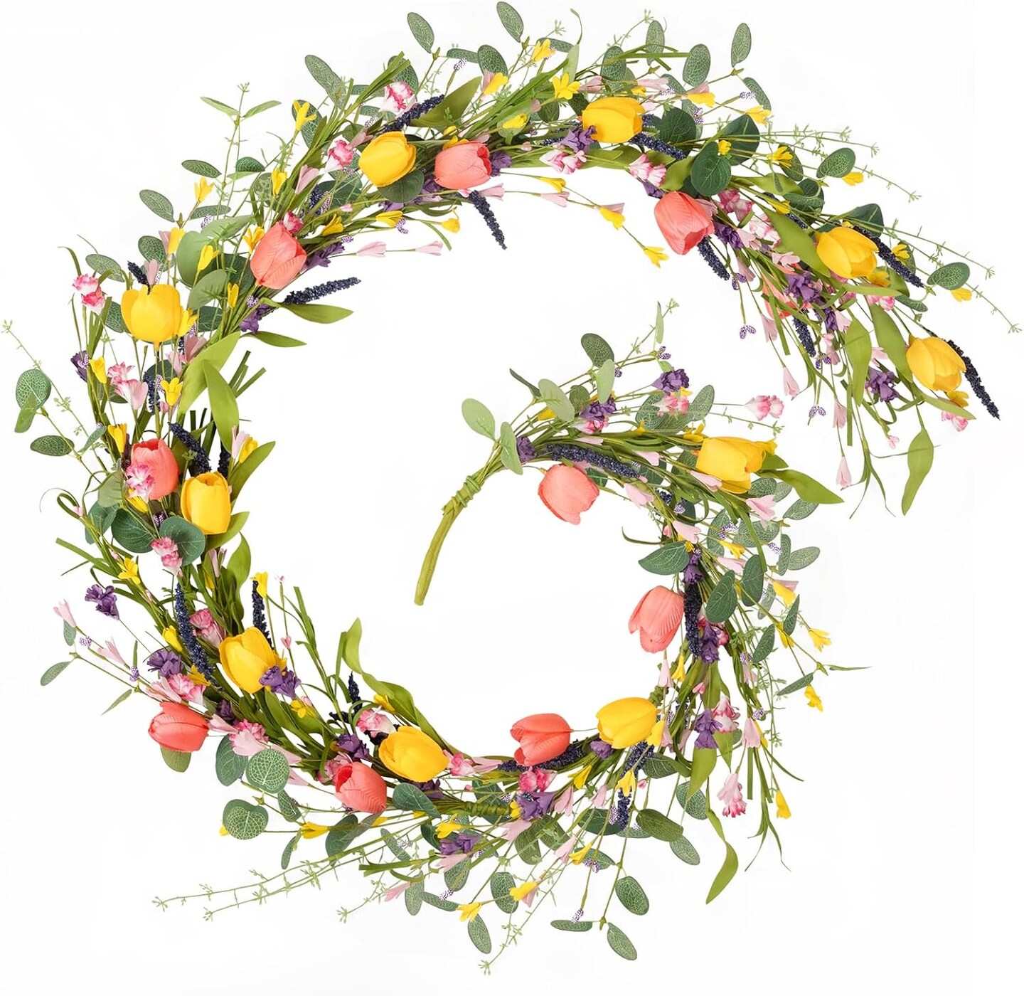 6FT Tulip and Eucalyptus Garland – Artificial Spring Floral Vine for Wedding, Home, Mantle, Staircase, Porch, and Indoor Decoration