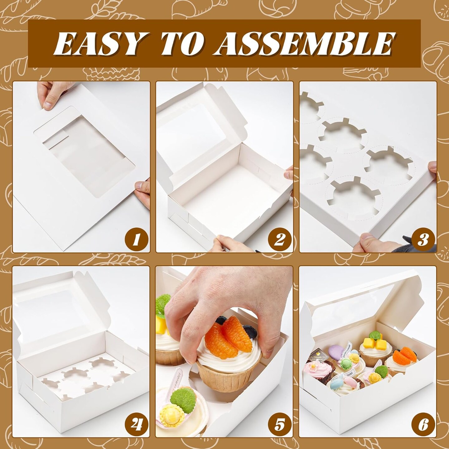 Cupcake Boxes with Inserts 6 Holders, White Standard Bakery Boxes with Window Food Grade Cupcake Containers 6 Count for Muffins, Pack of 15