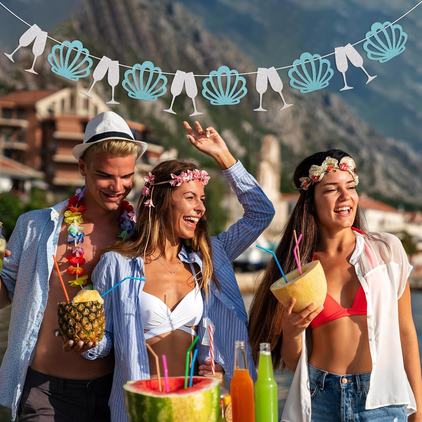 Coastal Bachelorette Party Decorations - Champagne Seashell Garland