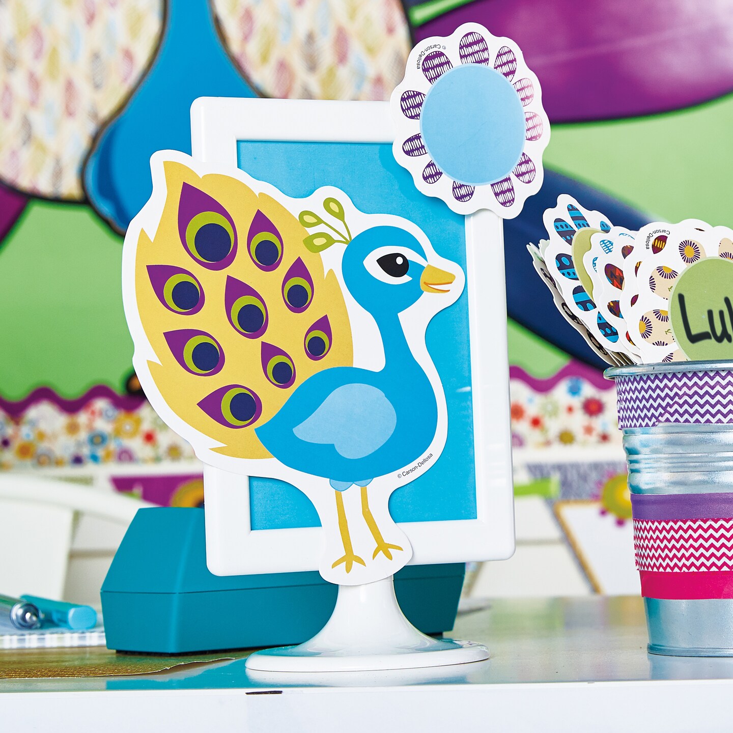 Carson Dellosa 36-Piece Peacock Bulletin Board Decorations, Boho Bird Cutouts for Zoo Animals and Jungle Theme Decorations, Name Tags, Party and Classroom Decor