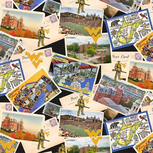 Licensed NCAA West Virginia Postcards WV-1211 Cotton Fabric by the Yard