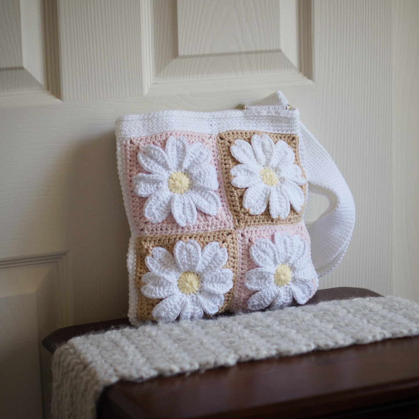 Crochet Daisy Tote Bag - Handmade Floral Granny Square Purse with