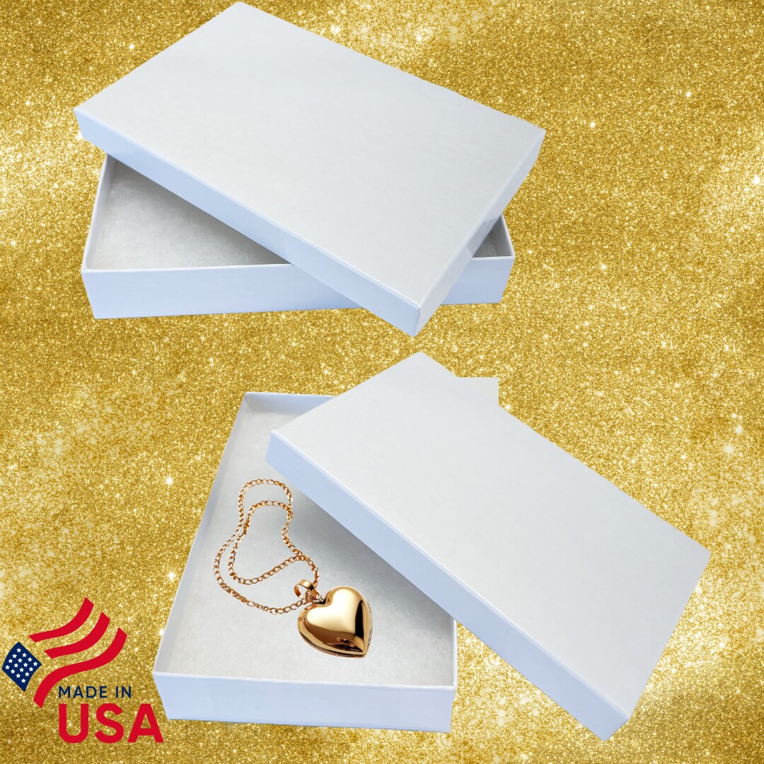 Made in USA - 100 White Gloss Jewelry Boxes - 5-716" x 3-1/2" x 1" Necklace & Jewelry Set Boxes