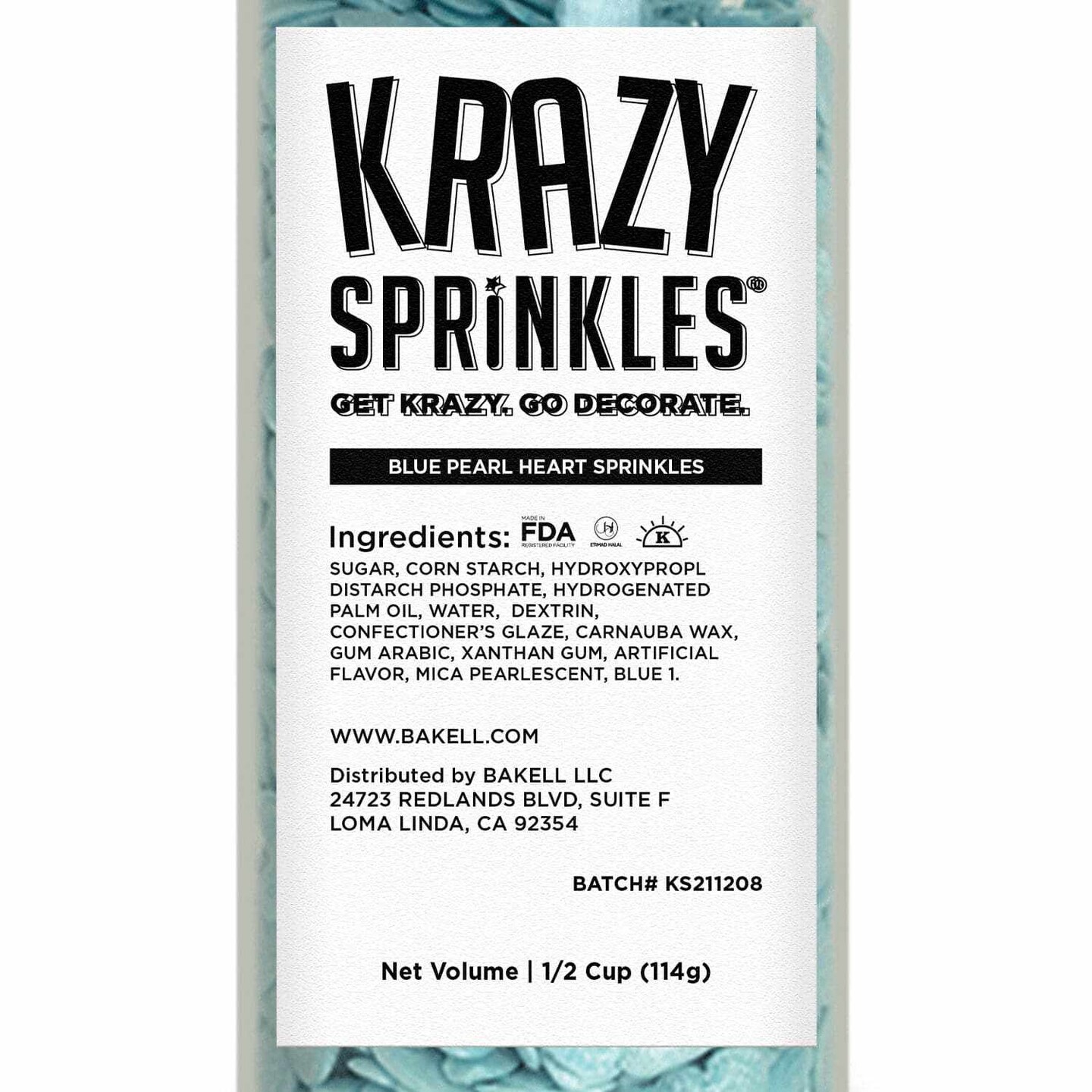 Krazy Sprinkles - Blue Pearl Hearts (1/2 Cup, 1x Jar) for Cakes, Ice Cream & Cookies