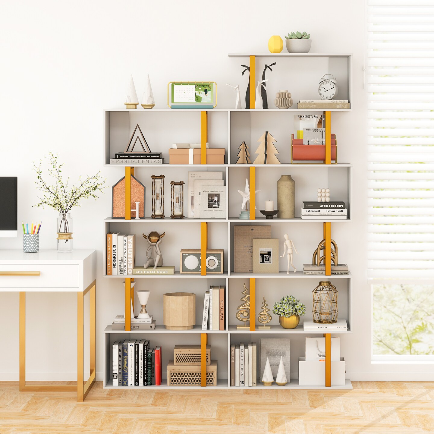 White-Gold Geometric Bookcase with Metal Frame and Anti-tipping Kits