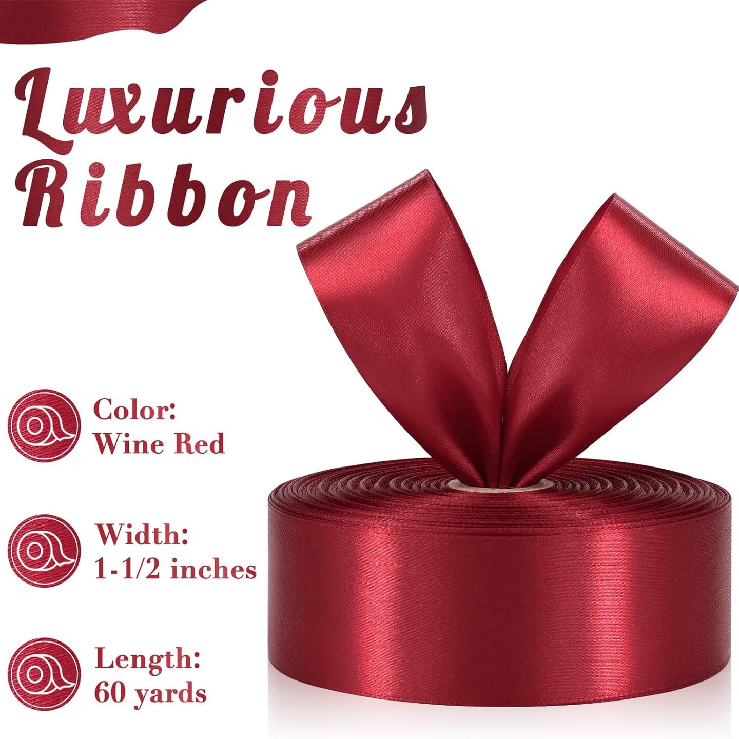 Wine Red Satin Ribbon – 1.5-Inch x 60 Yards Burgundy Fabric Ribbon for Eternal Flowers, Bouquets, Gift Wrapping, Crafts, Weddings, and Christmas Decorations