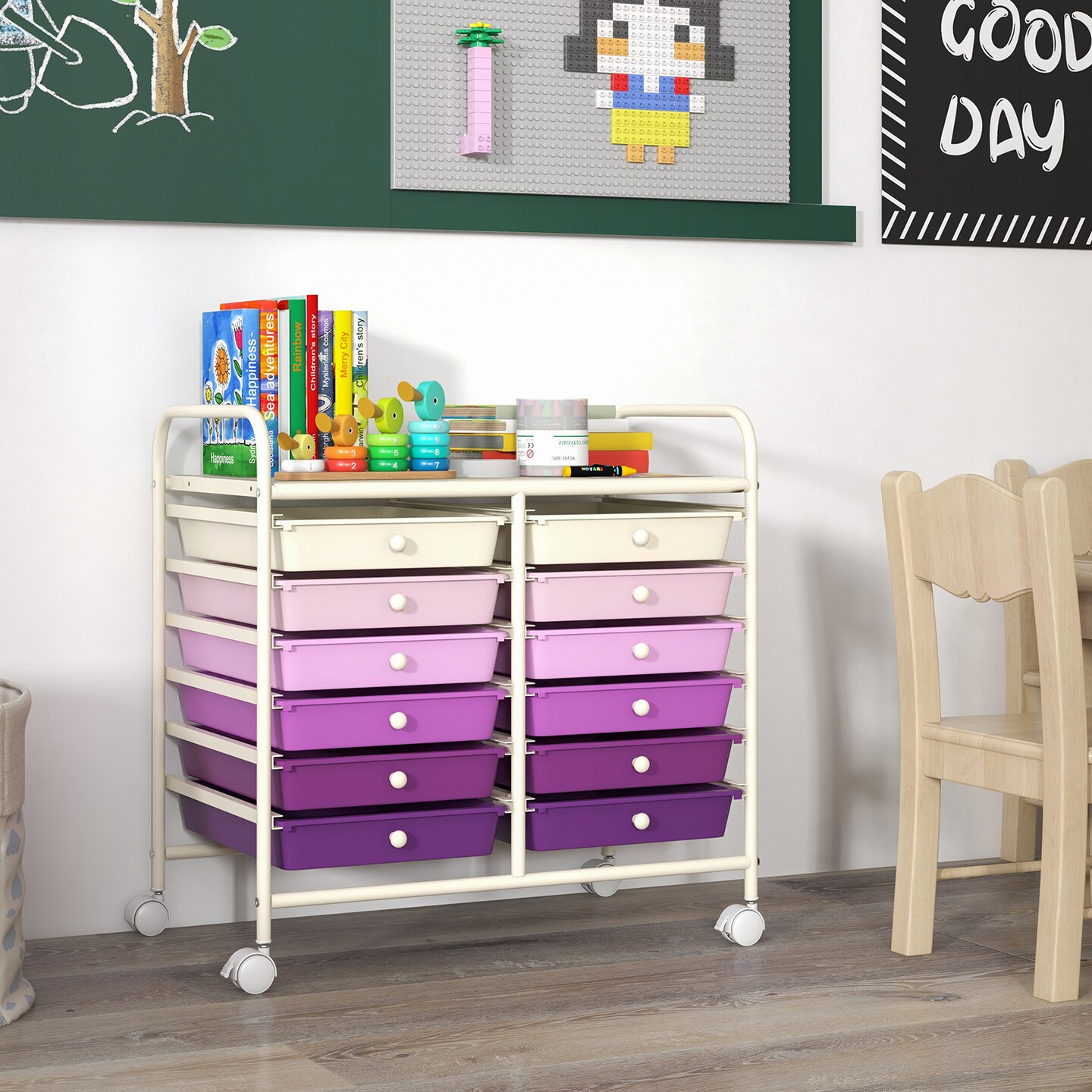 12 Removable Drawers Rolling Storage Cart with 4 Universal Wheels and Metal Frame